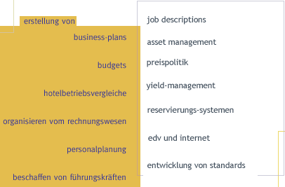 erstellung von business-plans, budgets, hotelbetriebsvergleiche, organisieren vom rechnungswesen, personalplanung, beschaffen von f&uuml;hrungskr&auml;ften, erstellen von job-descriptions, bei organisation der verwaltung, erstellen von preispolitik, yield-management, auswahl von reservierungs-systemen, edv und internet, entwicklung von standards